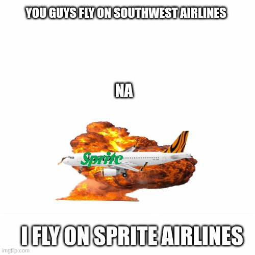 they give you moldy crackers and they don't have bathrooms | YOU GUYS FLY ON SOUTHWEST AIRLINES; NA; I FLY ON SPRITE AIRLINES | image tagged in fun | made w/ Imgflip meme maker