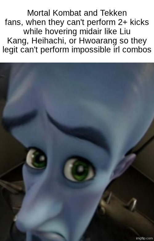 Sad Megamind | Mortal Kombat and Tekken fans, when they can't perform 2+ kicks while hovering midair like Liu Kang, Heihachi, or Hwoarang so they legit can't perform impossible irl combos | made w/ Imgflip meme maker