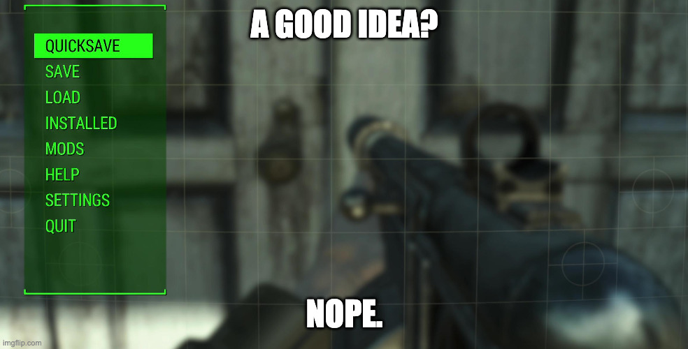 Skyrim meme showing player character saving the game with text 'Me making a git commit' above and 'before trying something that will probably break everything' below