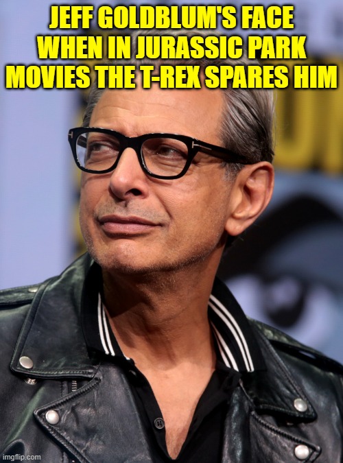 Jeff Goldblum | JEFF GOLDBLUM'S FACE WHEN IN JURASSIC PARK MOVIES THE T-REX SPARES HIM | image tagged in jeff goldblum | made w/ Imgflip meme maker