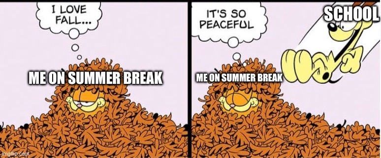 Me on summer break be like: (Garfield meme) | SCHOOL; ME ON SUMMER BREAK; ME ON SUMMER BREAK | image tagged in garfield,summer time | made w/ Imgflip meme maker