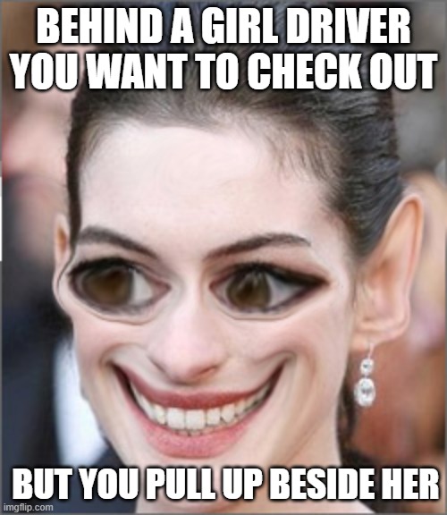 Just Wierd | BEHIND A GIRL DRIVER YOU WANT TO CHECK OUT; BUT YOU PULL UP BESIDE HER | image tagged in just wierd | made w/ Imgflip meme maker