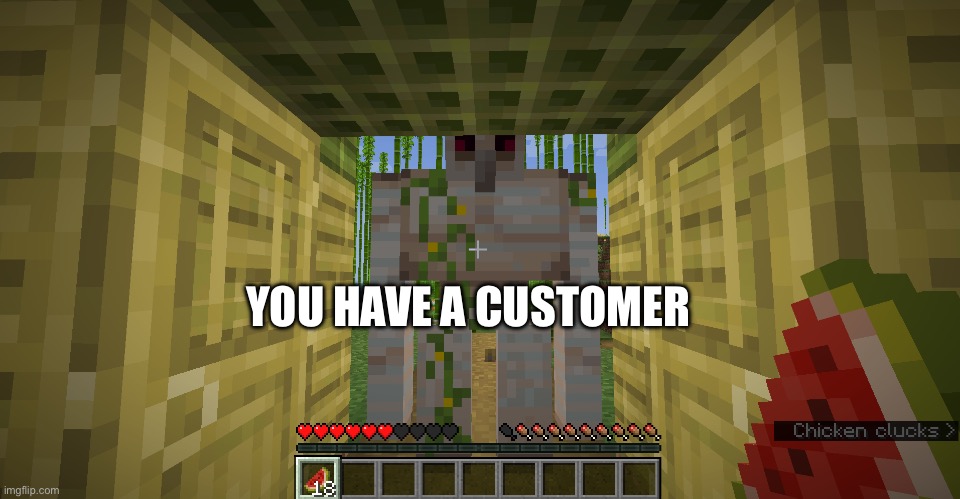 You have a customer | YOU HAVE A CUSTOMER | image tagged in minecraft,memes,iron golem | made w/ Imgflip meme maker