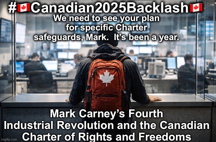 Digital & AI Charter Safeguards | #🇨🇦Canadian2025Backlash🇨🇦; We need to see your plan for specific Charter safeguards, Mark.  It’s been a year. Mark Carney’s Fourth Industrial Revolution and the Canadian Charter of Rights and Freedoms | image tagged in canadian politics | made w/ Imgflip meme maker
