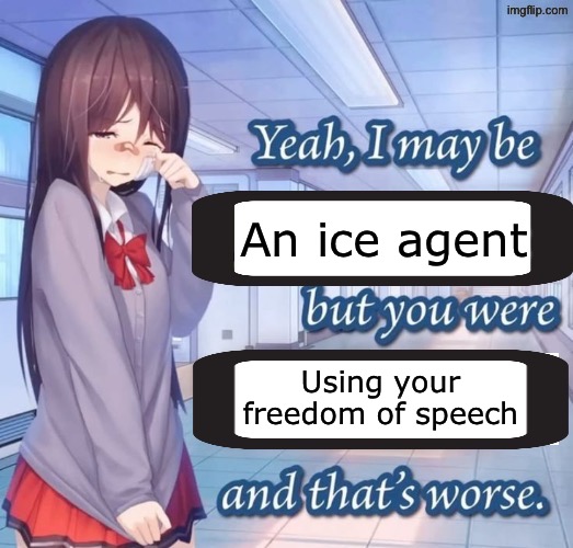 idk | An ice agent; Using your freedom of speech | image tagged in yeah i may be racist but you were mean and that s worse blank,msmg | made w/ Imgflip meme maker