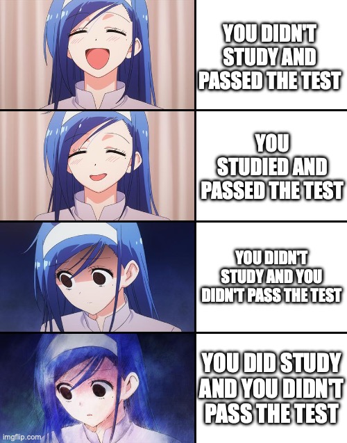 Happiness to despair | YOU DIDN'T STUDY AND PASSED THE TEST; YOU STUDIED AND PASSED THE TEST; YOU DIDN'T STUDY AND YOU DIDN'T PASS THE TEST; YOU DID STUDY AND YOU DIDN'T PASS THE TEST | image tagged in happiness to despair | made w/ Imgflip meme maker