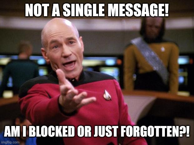 Patrick Stewart "why the hell..." | NOT A SINGLE MESSAGE! AM I BLOCKED OR JUST FORGOTTEN?! | image tagged in patrick stewart why the hell,funny memes,memes | made w/ Imgflip meme maker