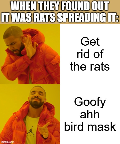 Drake Hotline Bling Meme | Get rid of the rats Goofy ahh bird mask WHEN THEY FOUND OUT IT WAS RATS SPREADING IT: | image tagged in memes,drake hotline bling | made w/ Imgflip meme maker