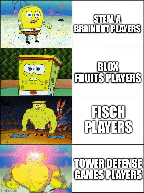 Roblox in a Nutshell | STEAL A BRAINROT PLAYERS; BLOX FRUITS PLAYERS; FISCH PLAYERS; TOWER DEFENSE GAMES PLAYERS | image tagged in sponge finna commit muder | made w/ Imgflip meme maker