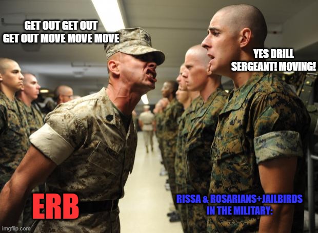 Elizabeth Rose Bloodflame vocal cosplaying a drill sergeant | GET OUT GET OUT GET OUT MOVE MOVE MOVE; YES DRILL SERGEANT! MOVING! RISSA & ROSARIANS+JAILBIRDS IN THE MILITARY:; ERB | image tagged in drill sergeant,anime,vtuber | made w/ Imgflip meme maker