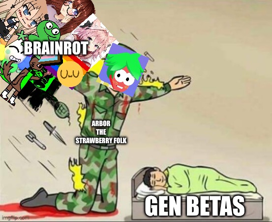 Arbor the Strawberry folk Protects Gen Beta From Brainrot | BRAINROT; ARBOR THE STRAWBERRY FOLK; GEN BETAS | image tagged in soldier protecting sleeping child,anti brainrot,brainrot,anti cringe,cringe,gen beta | made w/ Imgflip meme maker