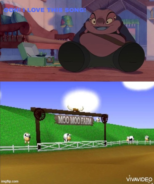 jumba loves moo moo farm | image tagged in jumba loves what song,mario kart 64,videogames,mario kart,gaming,lilo and stitch | made w/ Imgflip meme maker