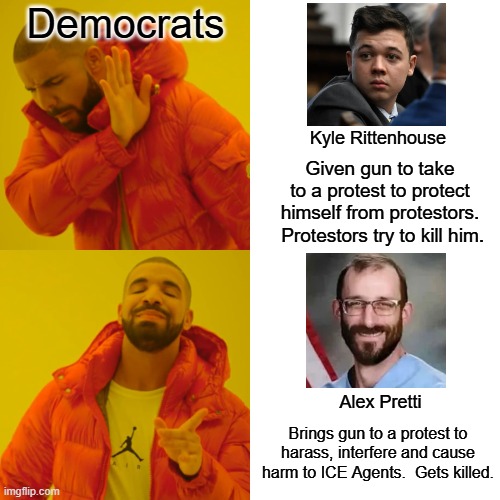 There's always a double standard with the left. | Democrats; Kyle Rittenhouse; Given gun to take to a protest to protect himself from protestors.  Protestors try to kill him. Alex Pretti; Brings gun to a protest to harass, interfere and cause harm to ICE Agents.  Gets killed. | image tagged in kyle rittenhouse,alex pretti | made w/ Imgflip meme maker