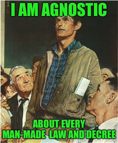 Speech Normal Rockwell | I AM AGNOSTIC; ABOUT EVERY MAN-MADE  LAW AND DECREE | image tagged in speech normal rockwell | made w/ Imgflip meme maker