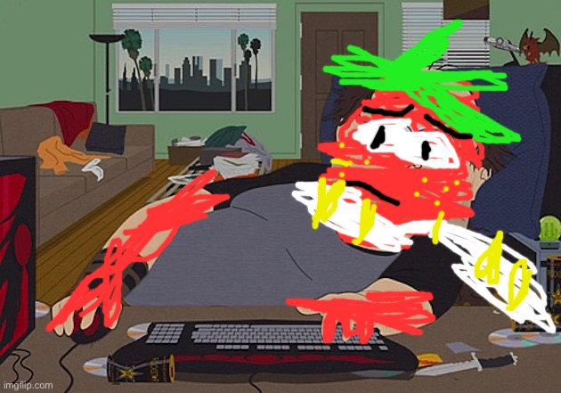 Picture Of Arbor Irl Making Hatepost About Forsaken | image tagged in fat guy south park computer,funny,memes,arbor the strawberry folk,forsaken,roblox | made w/ Imgflip meme maker