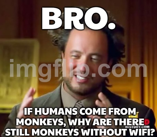 BRO. IF HUMANS COME FROM MONKEYS, WHY ARE THERE STILL MONKEYS WITHOUT WIFI? | BRO. IF HUMANS COME FROM MONKEYS, WHY ARE THERE STILL MONKEYS WITHOUT WIFI? | image tagged in memes,ancient aliens,evolution,human evolution,anti-religion,atheism | made w/ Imgflip meme maker