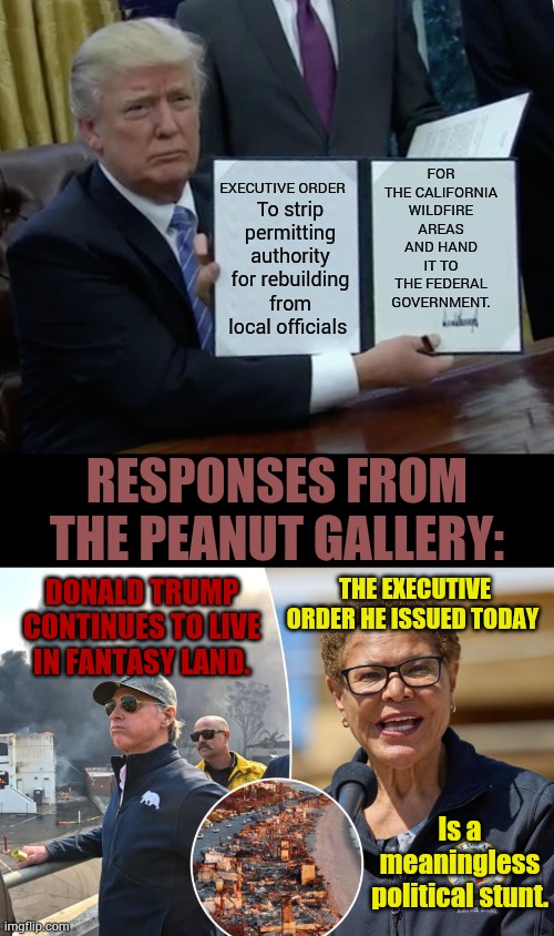 Hooray President Trump! | FOR THE CALIFORNIA WILDFIRE AREAS AND HAND IT TO THE FEDERAL GOVERNMENT. EXECUTIVE ORDER; To strip permitting authority for rebuilding from local officials; RESPONSES FROM THE PEANUT GALLERY:; THE EXECUTIVE ORDER HE ISSUED TODAY; DONALD TRUMP CONTINUES TO LIVE IN FANTASY LAND. Is a meaningless political stunt. | image tagged in memes,trump bill signing,fire,we will rebuild,gavin,bass | made w/ Imgflip meme maker