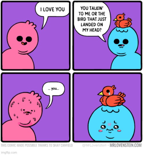 Mr. Lovenstein | image tagged in comics,mr lovenstein,i love you,you talking to me,bird,tears | made w/ Imgflip meme maker