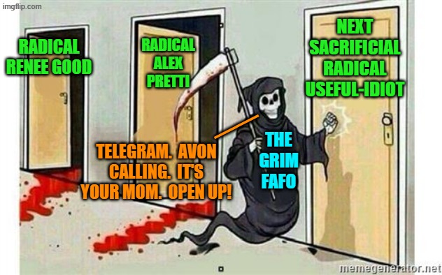 One thing's for sure.  The leftist leadership will never run short of useful idiots. | RADICAL RENEE GOOD; NEXT SACRIFICIAL RADICAL USEFUL-IDIOT; RADICAL ALEX PRETTI; __; THE GRIM FAFO; TELEGRAM.  AVON CALLING.  IT'S YOUR MOM.  OPEN UP! | image tagged in grim reaper knocking door | made w/ Imgflip meme maker