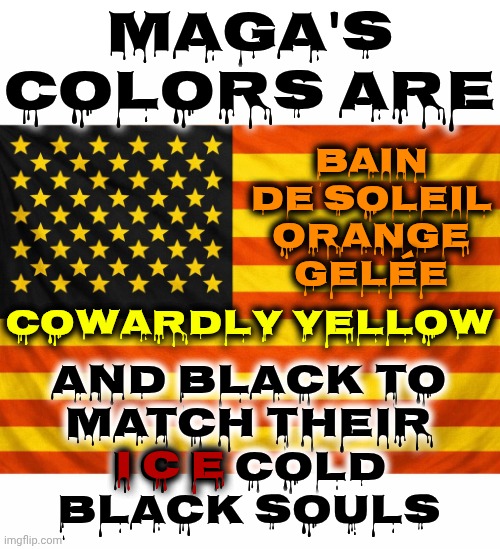 Trump Is Orange.  ICE Is Yellow.  Maga's Hearts And Souls Are Black.  They've Never Been Red, White And Blue | MAGA's Colors Are; Bain de Soleil ORANGE Gelée; Cowardly YELLOW; And Black To
Match Their
I C E Cold
BLACK Souls; I C E | image tagged in memes,maga,trump,evil,the great awakening,you've shown us who you are | made w/ Imgflip meme maker
