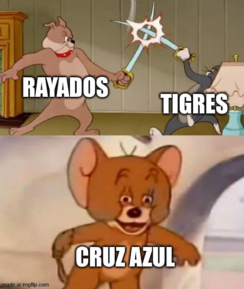 Liga MX in a nutshell: | RAYADOS; TIGRES; CRUZ AZUL | image tagged in tom and jerry swordfight,mexico,football,liga mx,soccer | made w/ Imgflip meme maker