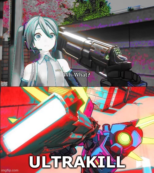 V1 from Ultrakill pointing a gun at Hatsune Miku | ULTRAKILL | image tagged in v1 from ultrakill pointing a gun at hatsune miku | made w/ Imgflip meme maker