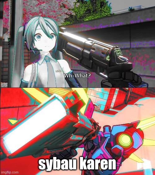 V1 from Ultrakill pointing a gun at Hatsune Miku | sybau karen | image tagged in v1 from ultrakill pointing a gun at hatsune miku | made w/ Imgflip meme maker