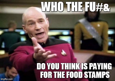 Picard Wtf Meme | WHO THE FU#& DO YOU THINK IS PAYING FOR THE FOOD STAMPS | image tagged in memes,picard wtf | made w/ Imgflip meme maker