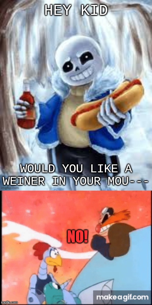 HEY KID; WOULD YOU LIKE A WEINER IN YOUR MOU---; NO! | image tagged in hey kid want a weiner in your mouth,no | made w/ Imgflip meme maker