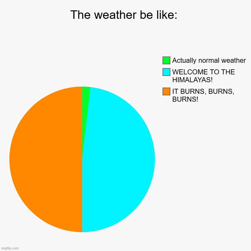 The weather be like: | The weather be like: | IT BURNS, BURNS, BURNS!, WELCOME TO THE HIMALAYAS!, Actually normal weather | image tagged in charts,pie charts,weather,global warming,oh wow are you actually reading these tags | made w/ Imgflip chart maker
