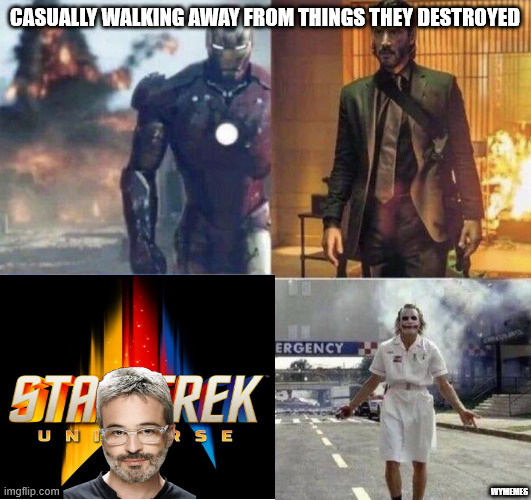 Destroying a franchise | CASUALLY WALKING AWAY FROM THINGS THEY DESTROYED; WYMEMES | image tagged in people standing in front of things they destroyed,star trek,memes,starfleet academy | made w/ Imgflip meme maker