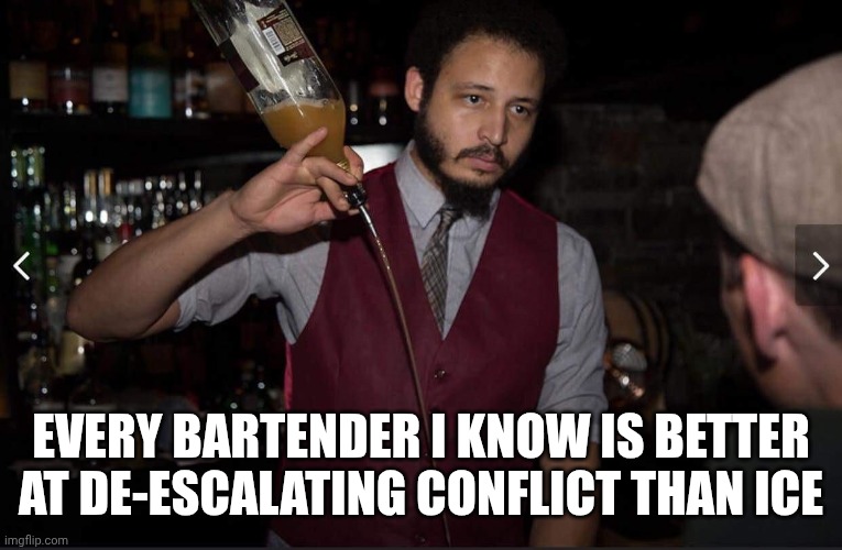 ICE only thinks they're above the law. Statue of limitations thinks otherwise. | EVERY BARTENDER I KNOW IS BETTER
AT DE-ESCALATING CONFLICT THAN ICE | image tagged in annoyed bartender,ice agents,fascism,maga,stupid criminals | made w/ Imgflip meme maker