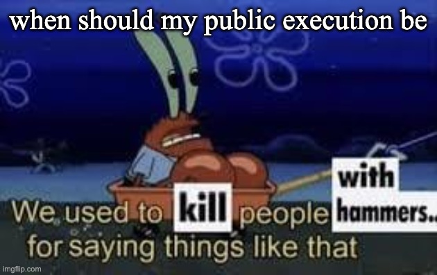 We used to kill people with hammers for saying things like that | when should my public execution be | image tagged in we used to kill people with hammers for saying things like that | made w/ Imgflip meme maker