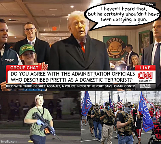 Trump Repeal the 2nd Amendment | I haven't heard that, but he certainly shouldn't have 
been carrying a gun. DO YOU AGREE WITH THE ADMINISTRATION OFFICIALS WHO DESCRIBED PRETTI AS A DOMESTIC TERRORIST? | image tagged in tougher whistle laws,tyrant trump,kyle rittenhouse,good pertti murders,end the 1st amendment,protesters shouldn't have guns | made w/ Imgflip meme maker