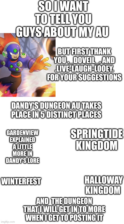 about My AU | SO I WANT TO TELL YOU GUYS ABOUT MY AU; BUT FIRST THANK YOU ._DOVEIL_. AND .LIVE-LAUGH-LOOEY. FOR YOUR SUGGESTIONS; DANDY'S DUNGEON AU TAKES PLACE IN 5 DISTINCT PLACES; SPRINGTIDE KINGDOM; GARDENVIEW EXPLAINED A LITTLE MORE IN DANDY'S LORE; WINTERFEST; HALLOWAY KINGDOM; AND  THE DUNGEON THAT I WILL GET IN TO MORE WHEN I GET TO POSTING IT | image tagged in dandy's world,lore,dandy's dungeon | made w/ Imgflip meme maker