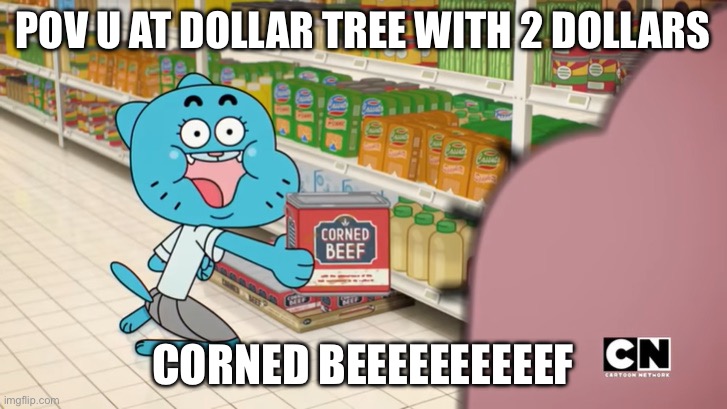Dollar tree | POV U AT DOLLAR TREE WITH 2 DOLLARS; CORNED BEEEEEEEEEEF | image tagged in corned beef | made w/ Imgflip meme maker