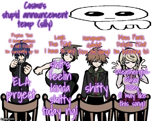 VIVID SKIES MAY PASS ME BY BUT EVEN STILL I'LL STAY | ELA project; shit's feelin kinda shitty today ngl; shitty; Weathergirl- Flavor Foley (I may like this song) | image tagged in cosmo's stupid announcement temp silly | made w/ Imgflip meme maker