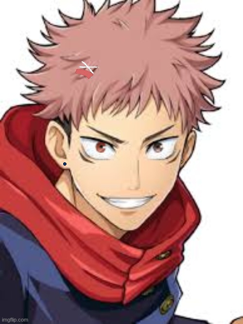 Itadori redesign! Earrings, heterochromia, hair clips (Nobara forces him to wear them) | image tagged in anime,jjk,itadori | made w/ Imgflip meme maker