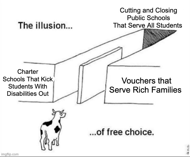 School Choice | Cutting and Closing Public Schools That Serve All Students; Charter Schools That Kick Students With Disabilities Out; Vouchers that Serve Rich Families | image tagged in illusion of free choice | made w/ Imgflip meme maker
