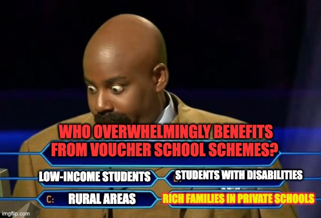 Who wants to be a millionare | WHO OVERWHELMINGLY BENEFITS FROM VOUCHER SCHOOL SCHEMES? LOW-INCOME STUDENTS; STUDENTS WITH DISABILITIES; RICH FAMILIES IN PRIVATE SCHOOLS; RURAL AREAS | image tagged in who wants to be a millionare | made w/ Imgflip meme maker