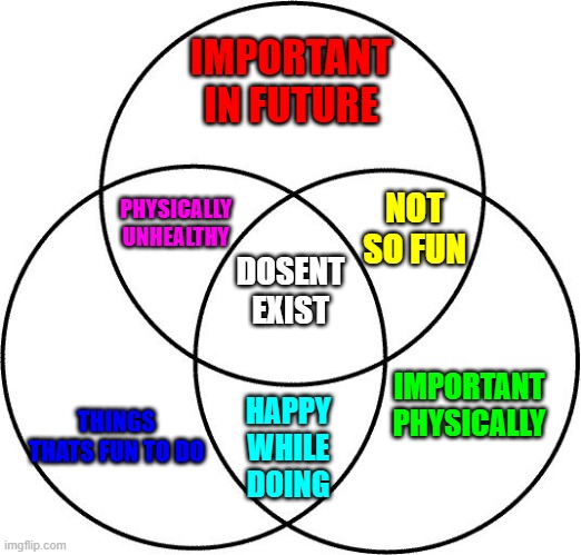 Venn diagram | IMPORTANT IN FUTURE; PHYSICALLY UNHEALTHY; NOT SO FUN; DOSENT EXIST; THINGS THATS FUN TO DO; IMPORTANT PHYSICALLY; HAPPY WHILE DOING | image tagged in venn diagram | made w/ Imgflip meme maker