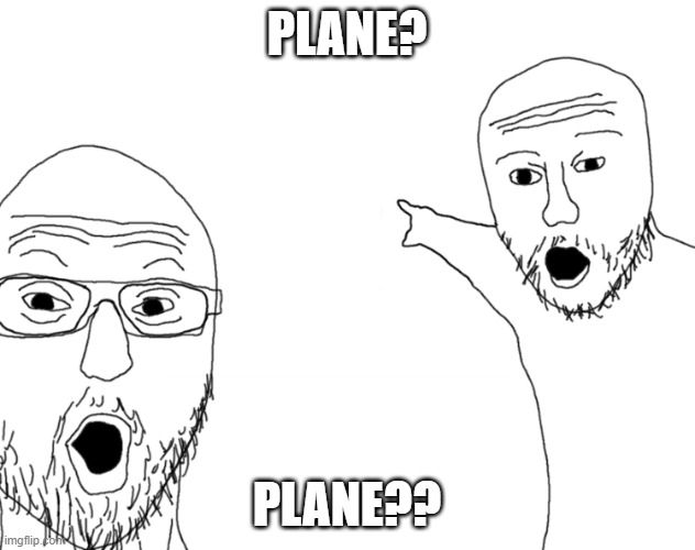 Soyjak Pointing | PLANE? PLANE?? | image tagged in soyjak pointing | made w/ Imgflip meme maker