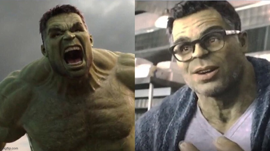 Angry Hulk vs Civil Hulk | image tagged in angry hulk vs civil hulk | made w/ Imgflip meme maker
