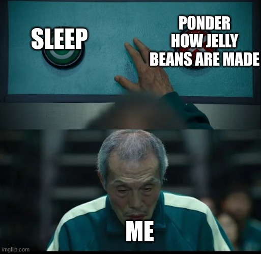 Squid Game Two Buttons | PONDER HOW JELLY BEANS ARE MADE; SLEEP; ME | image tagged in squid game two buttons | made w/ Imgflip meme maker