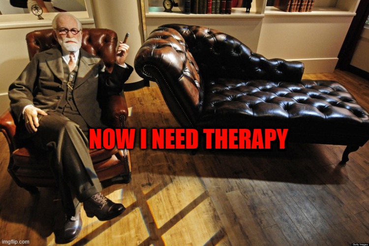 Freud couch | NOW I NEED THERAPY | image tagged in freud couch | made w/ Imgflip meme maker