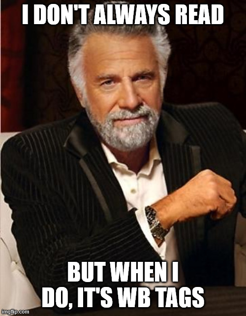 i don't always | I DON'T ALWAYS READ; BUT WHEN I DO, IT'S WB TAGS | image tagged in i don't always | made w/ Imgflip meme maker