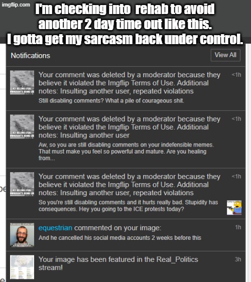 2 day time out to contemplate my crime and create more memes... | I'm checking into  rehab to avoid another 2 day time out like this. I gotta get my sarcasm back under control. | image tagged in mods,imgflip mods | made w/ Imgflip meme maker