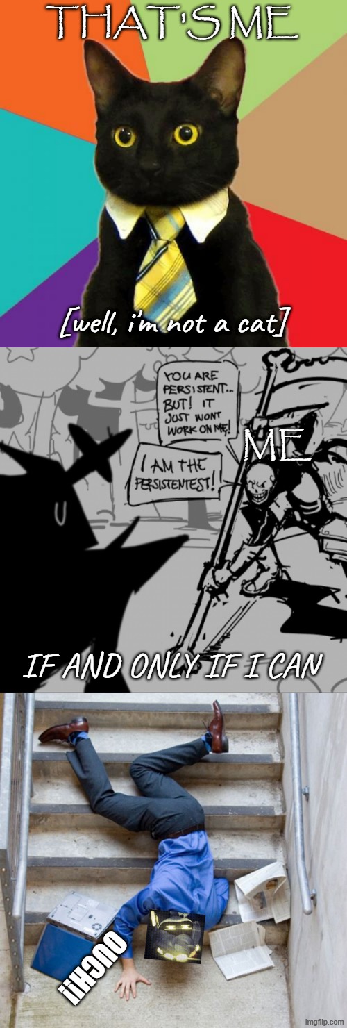 THAT'S ME [well, i'm not a cat] ME IF AND ONLY IF I CAN OUCH!! | image tagged in congratulations cat,roaring papyrus,guy falling down stairs | made w/ Imgflip meme maker