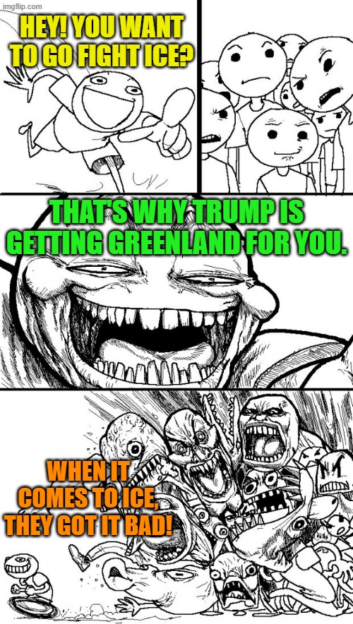 You can club baby seals all day, plus Greenland has the highest abortion rate in the world, at about 100 abortions per 1,000 | HEY! YOU WANT TO GO FIGHT ICE? THAT'S WHY TRUMP IS GETTING GREENLAND FOR YOU. WHEN IT COMES TO ICE, THEY GOT IT BAD! | image tagged in memes,hey internet | made w/ Imgflip meme maker