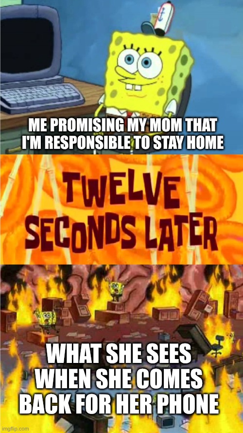 spongebob office rage | ME PROMISING MY MOM THAT I'M RESPONSIBLE TO STAY HOME; WHAT SHE SEES WHEN SHE COMES BACK FOR HER PHONE | image tagged in spongebob office rage | made w/ Imgflip meme maker
